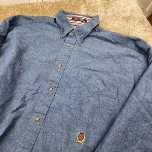 Tommy Hilfiger Mens XL Button Up Shirt Long Sleeve Blue Chambray Logo Casual